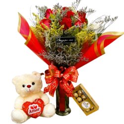 BUQUÊ COM 6 ROSAS FERRERO E PELÚCIA