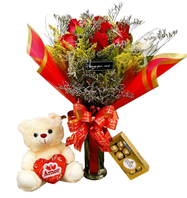 BUQUÊ COM 6 ROSAS FERRERO E PELÚCIA