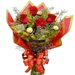 BUQUÊ DE 3 ROSAS E 3 FERREROS