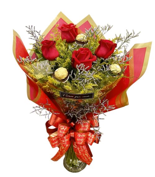 BUQUÊ DE 3 ROSAS E 3 FERREROS