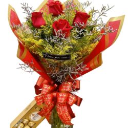 BUQUÊ DE 3 ROSAS E FERRERO