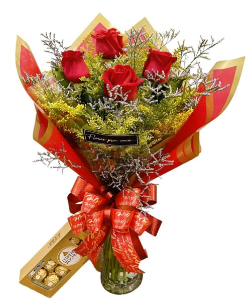 BUQUÊ DE 3 ROSAS E FERRERO