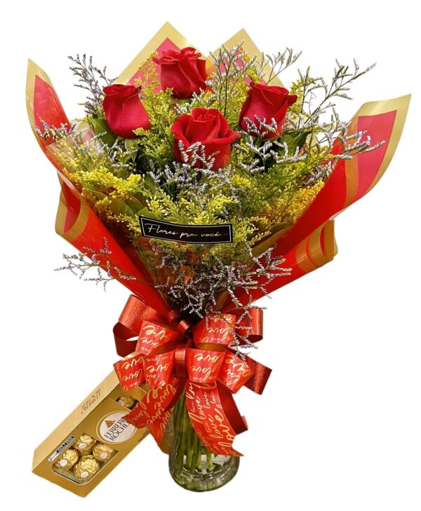 Buquê de 3 rosas e Ferrero de 8