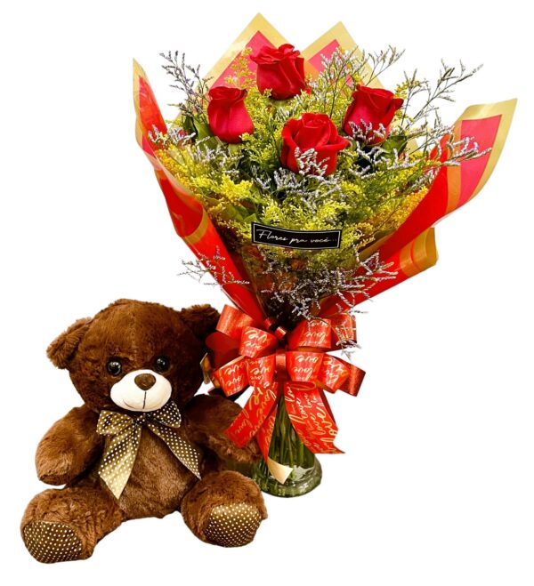Buquê de 3 Rosas e Pelúcia