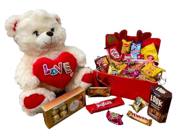 Cesta de Chocolate com Pelúcia grande e Ferrero