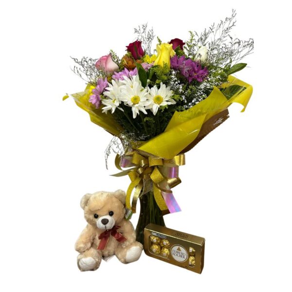 Buquê flores mistas + pelúcia 20 cm + Ferrero Rocher (8 und)