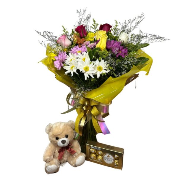Buquê flores mistas + pelúcia 20 cm + Ferrero Rocher (8 und)