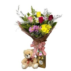 Buquê flores do campo 2 + pelúcia 20 cm + Ferrero Rocher