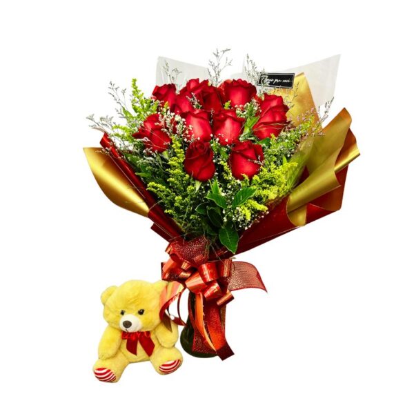 Buquê com 12 rosas + Pelúcia 20Cm
