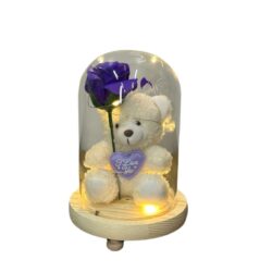 Cúpula de vidro com Led e rosa roxa + pelúcia pequena
