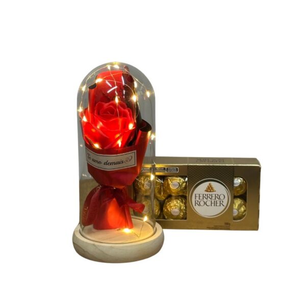 Cúpula de acrílico com led e rosa vermelha + Ferrero Rocher 8und
