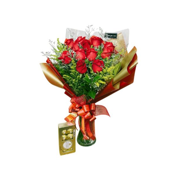 Buque com 12 rosas vermelhas + Ferrero Rocher (8 und.)