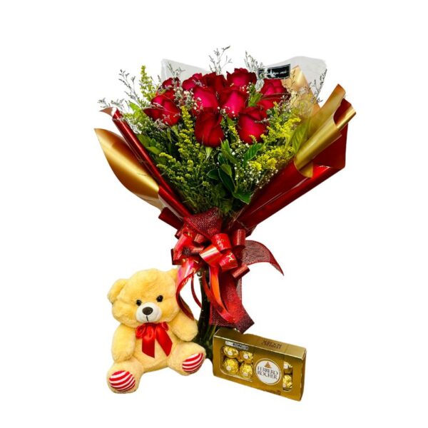 Buque com 12 rosas vermelhas + Ferrero Rocher (8 und.) + pelúcia 20cm