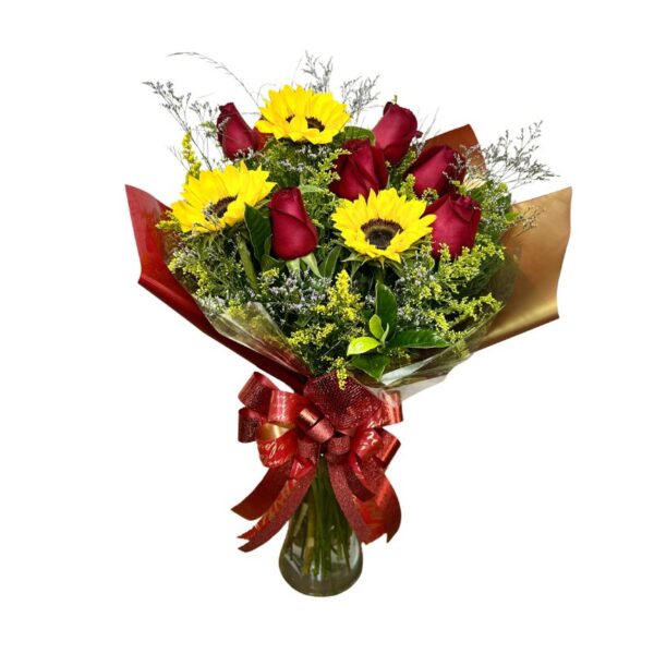 Buquê Raio de Sol com 6 rosas e 3 girassóis