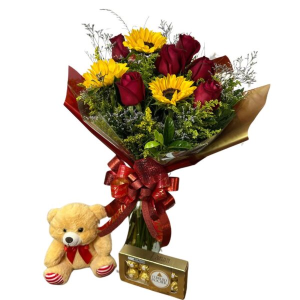 Buquê Raio de Sol com 6 rosas e 3 girassóis + pelúcia 20 cm + Ferrero Rocher  (8 und)