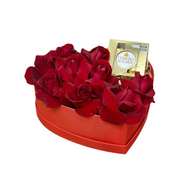 Caixa coração com rosas e Ferrero Roche 4 unidades