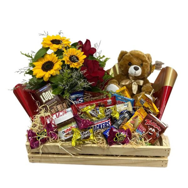 Cesta de chocolate com girassol e pelúcia