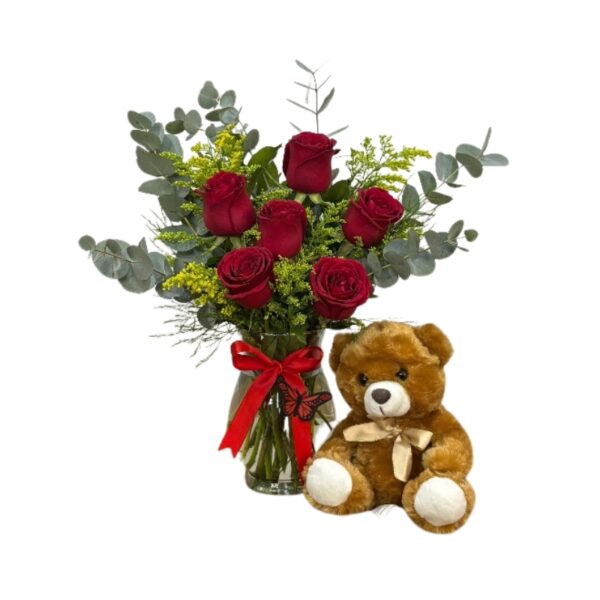 Arranjo com 6 rosas no vidro e pelúcia