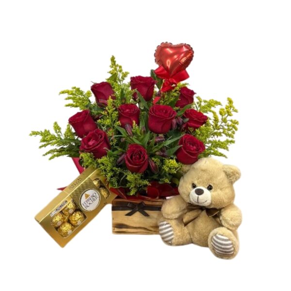 Arranjo com 10 rosas, ferrero Rocher 8 Unidades e pelúcia
