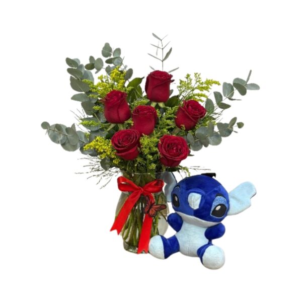 Arranjo com 6 rosas no vidro e stitch