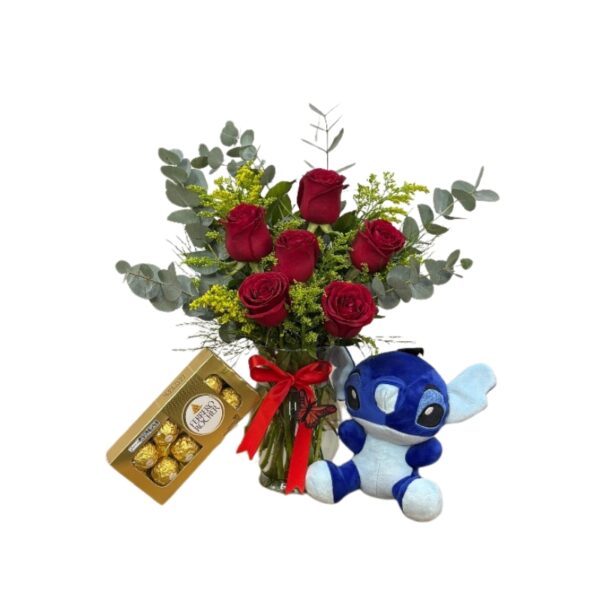 Arranjo com 6 rosas no vidro com ferrero Rocher 8 Unidades e stitch