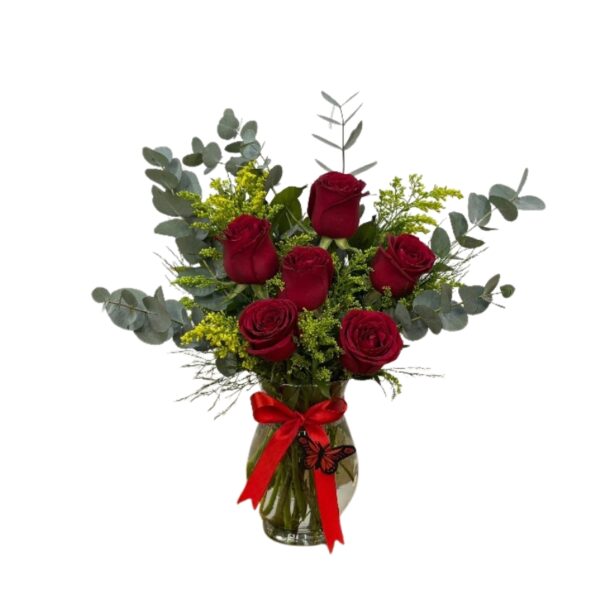Arranjo com 6 rosas no vidro