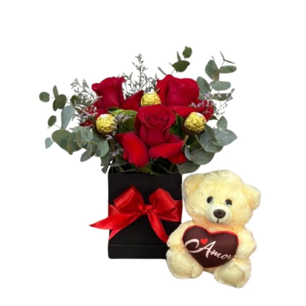 3 rosas e 3 Ferrero Rocher na caixa com pelúcia