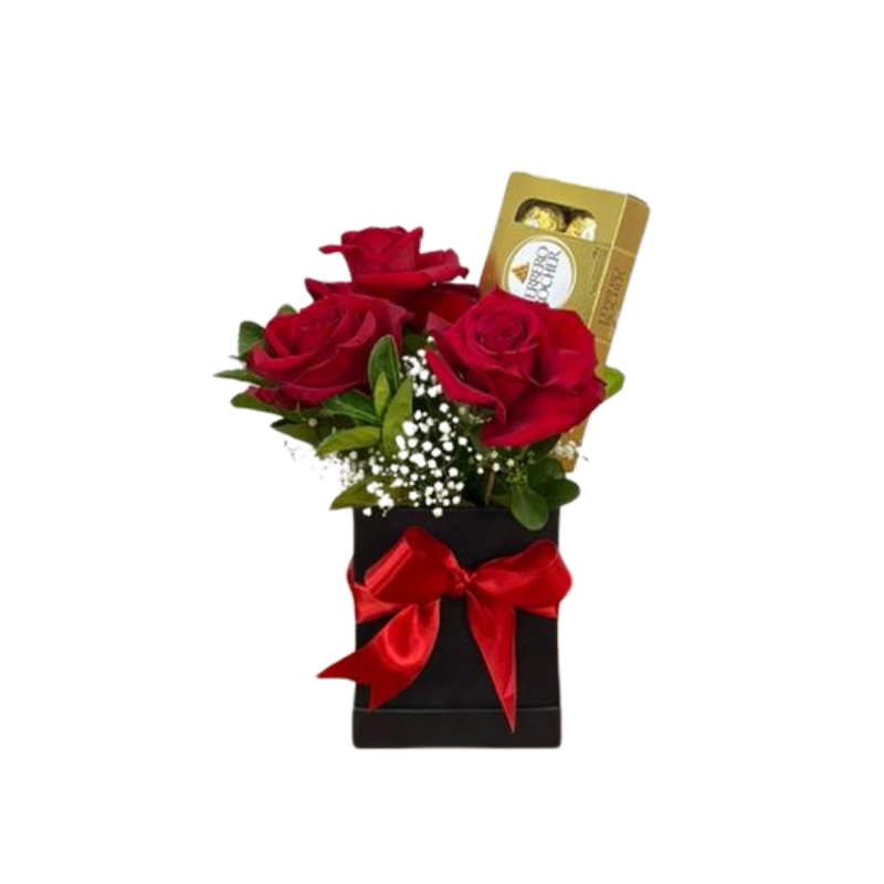 Arranjo com 3 rosas e Ferrero Rocher com 8