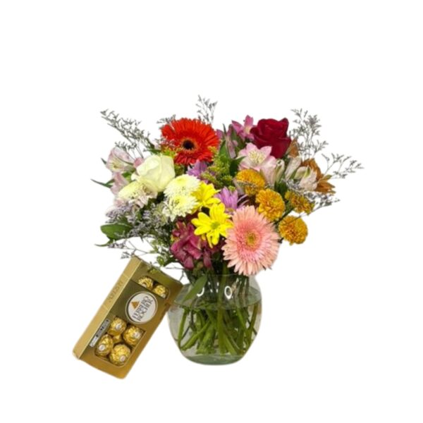 Arranjo com flores mistas no vidro com Ferrero Rocher c/8