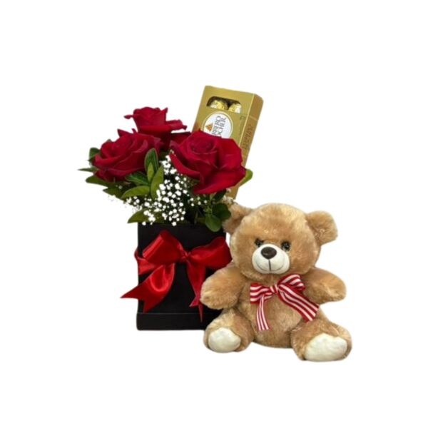 Arranjo de 3 rosas com pelúcia e Ferrero Rocher c/8