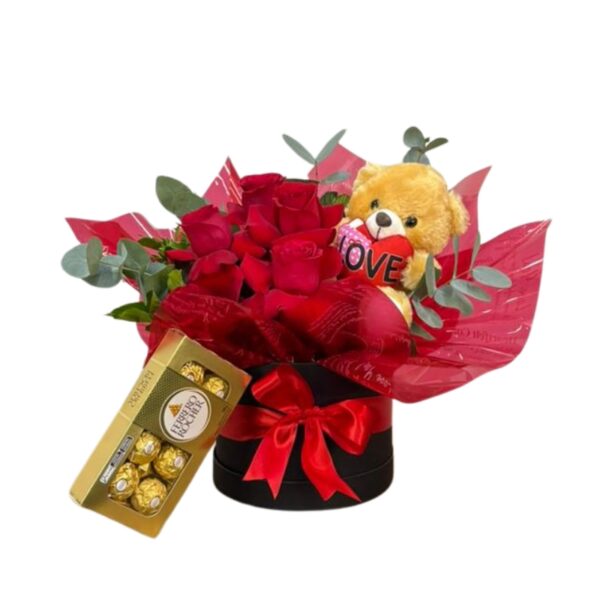 Arranjo de 5 rosas com pelúcia e Ferrero Rocher c/8