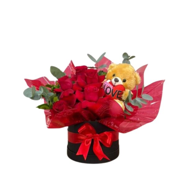 Arranjo de 5 rosas e pelúcia