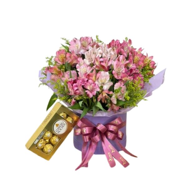 Arranjo de astromelias na caixa com Ferrero Rocher c/8