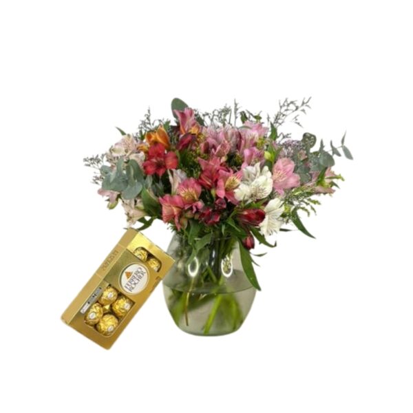 Arranjo de astromelias no vidro com Ferrero Rocher c/8