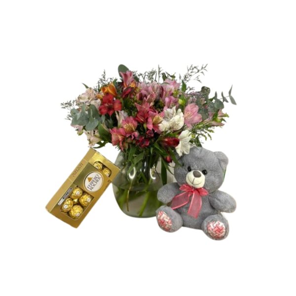 Arranjo de astromelias no vidro com pelúcia e Ferrero Rocher c/8