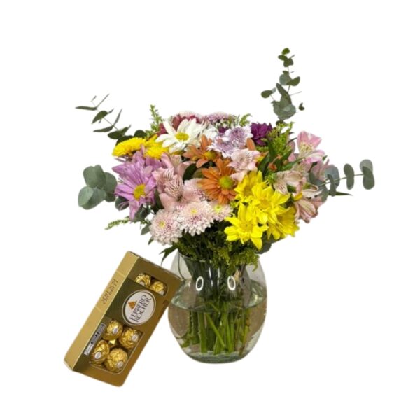 Arranjo de flores mistas com vidro e Ferrero Rocher c/8