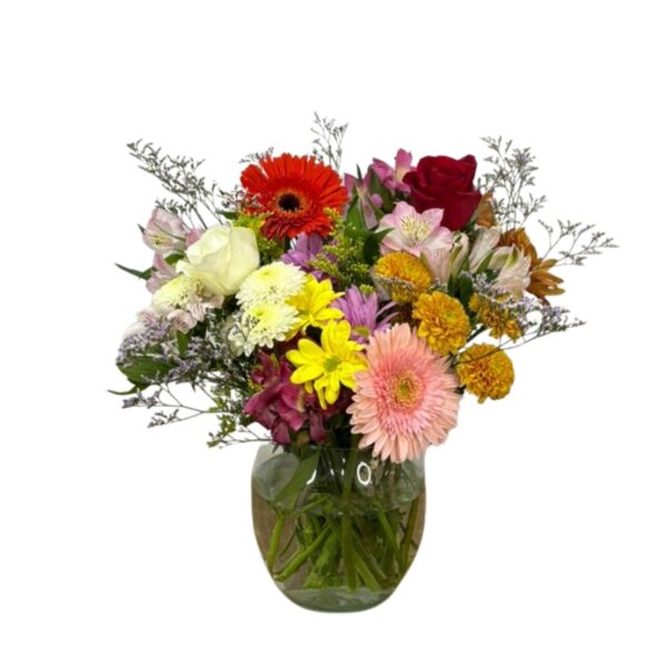 Arranjo de flores mistas no vidro