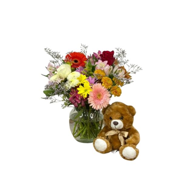 Arranjo de flores mistas no vidro com pelúcia