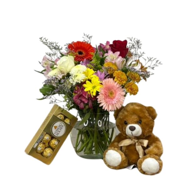 Arranjo de flores mistas no vidro com pelúcia e Ferrero Rocher c/8