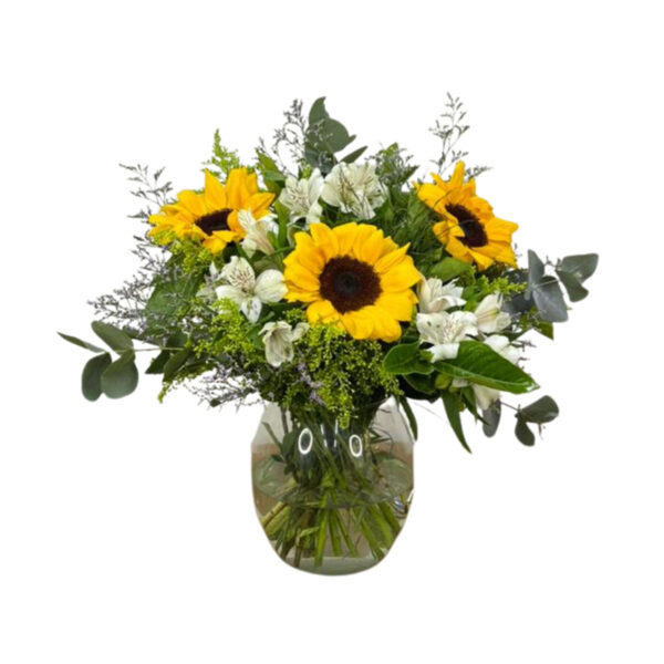 Arranjo de girassóis no vidro