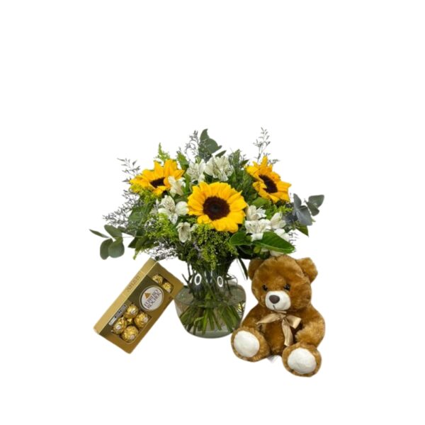 Arranjo de girassóis no vidro com pelúcia e Ferrero Rocher c/8