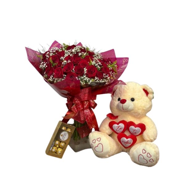 Buquê com 50 rosas, pelúcia médio e ferrero de 8 unidades