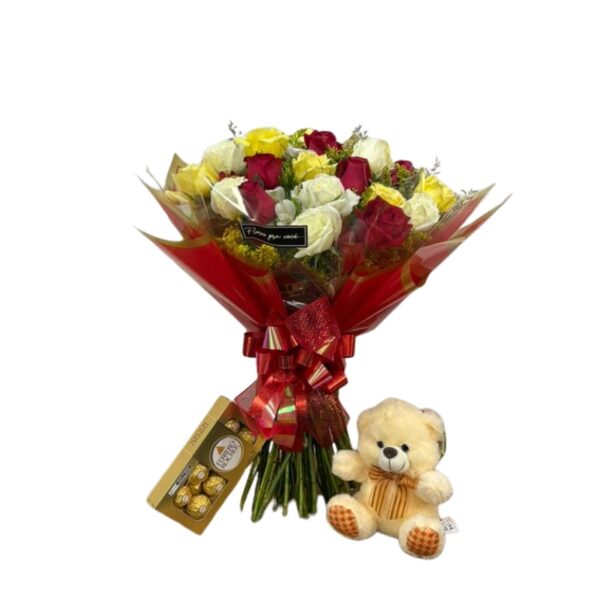 Buquê com 15 rosas de 3 cores com pelúcia e ferrero (8 unidades)