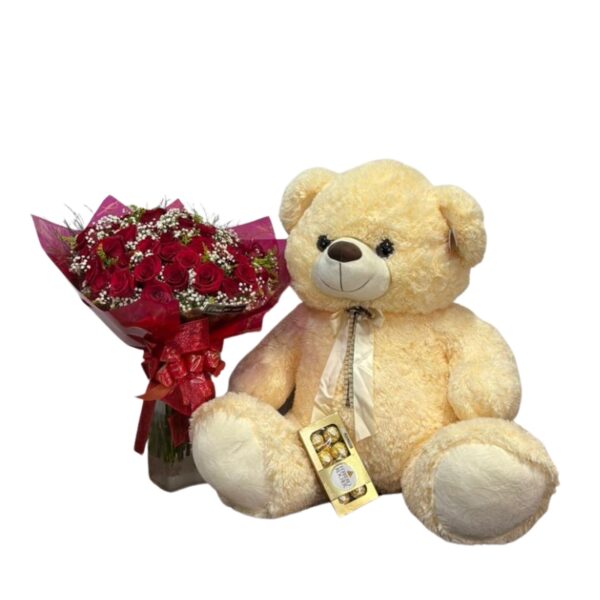 Buquê com 50 rosas pelúcia grande e ferrero com 8