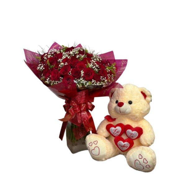 Buquê com 50 rosas e pelúcia média