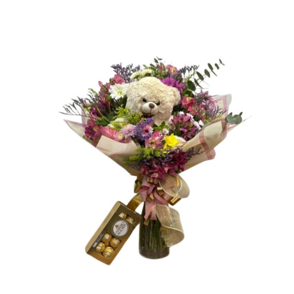 Buquê misto com pelúcia e ferrero (8 unidades)