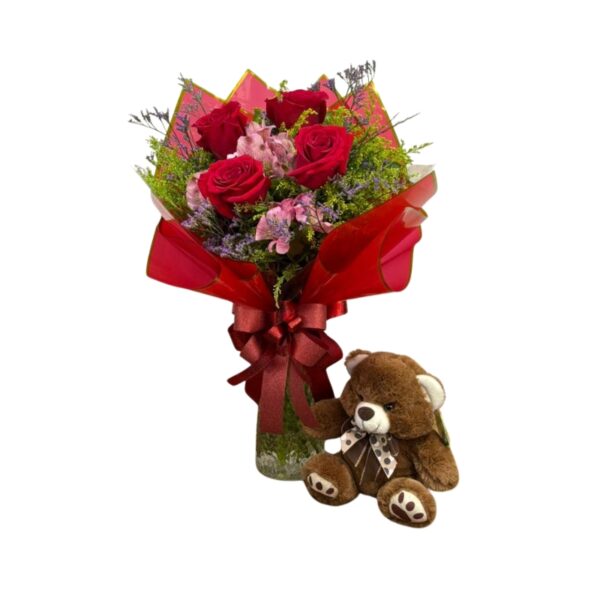 Buquê com 4 rosas vermelhas e pelúcia