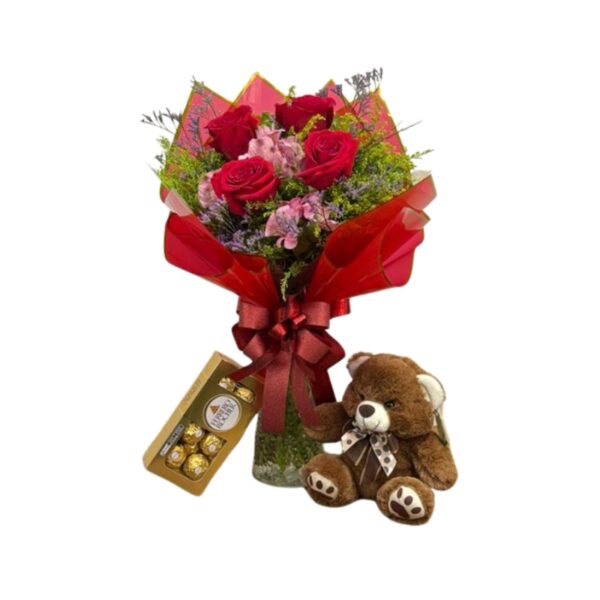 Buquê com 4 rosas vermelhas ferrero rocher (8 unidades) e pelúcia