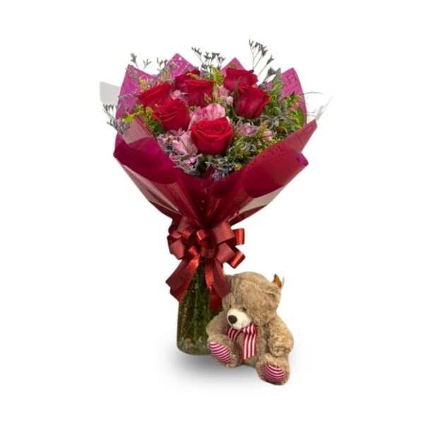 Buquê com 7 rosas vermelhas e pelúcia